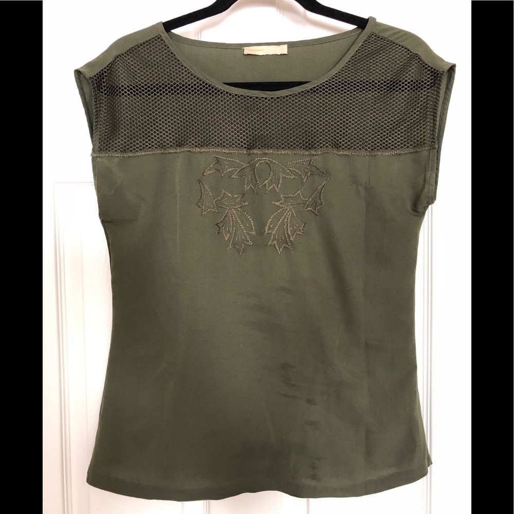 Honigman green top with netting detail, embroidery